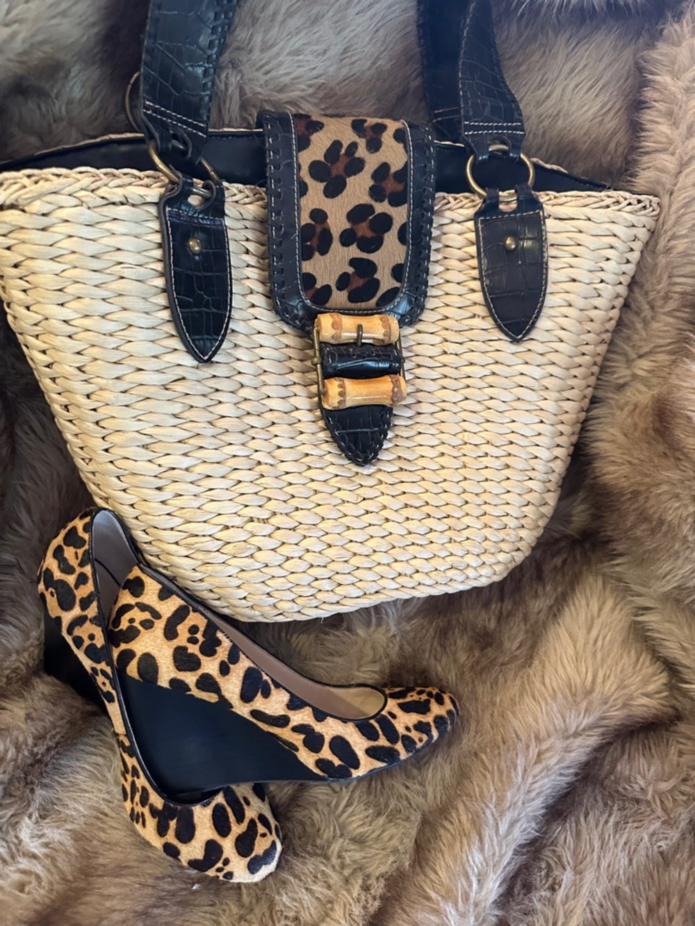 KATE LANDRY Leather & Straw Tote Bag